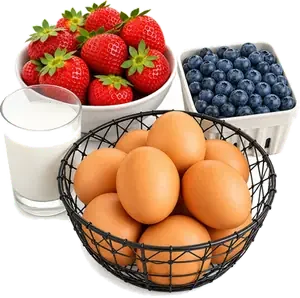 Eggs, strawberries, blueberries and milk
